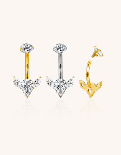Titanium Bezel Set CZ Top With 2 Marquise CZ and Pear CZ Center Flower Belly Button Ring