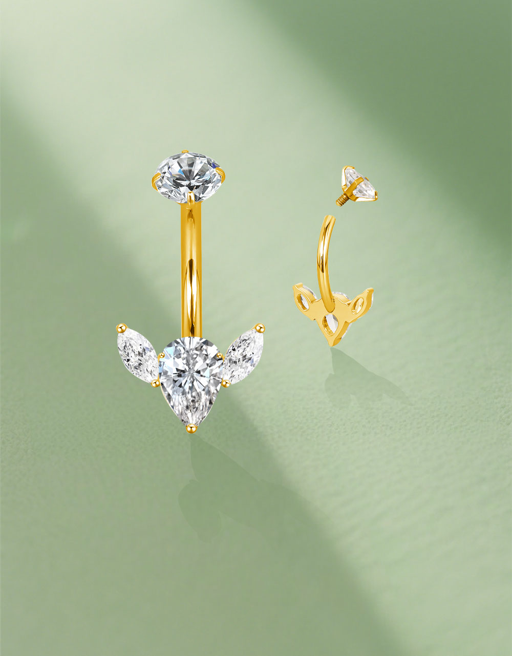 Titanium Bezel Set CZ Top With 2 Marquise CZ and Pear CZ Center Flower Belly Button Ring