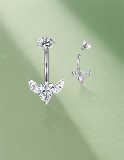 Titanium Bezel Set CZ Top With 2 Marquise CZ and Pear CZ Center Flower Belly Button Ring