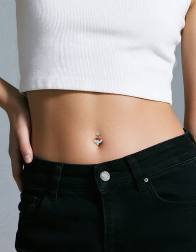 Titanium Bezel Set CZ Top With 2 Marquise CZ and Pear CZ Center Flower Belly Button Ring