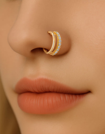 Gold Double Hoop Nose Ring – One Lab Diamond Band & One Plain Gold