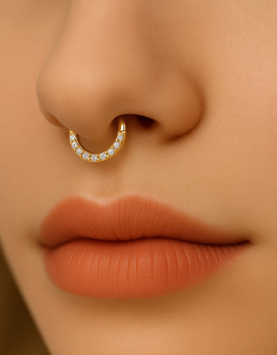 Gold Half Hoop Nose Ring – Lab-Grown Diamonds with Plain Gold Balance