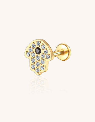 14K Gold Hand Palm Labret Stud with Pave CZ – Internally Threaded Lip Piercing Jewelry
