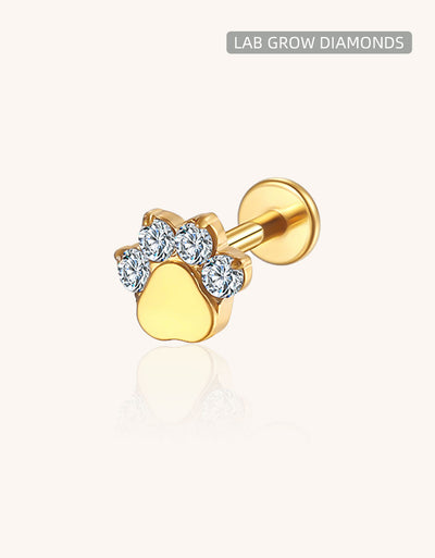 14K Gold Cat Paw Labret Stud with 4 CZ Stones – Internally Threaded Lip Piercing Jewelry