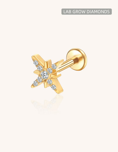 14K Gold Octagram Labret Stud with 9 Pave CZ – Internally Threaded Lip Piercing Jewelry