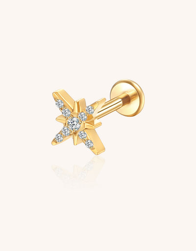14K Gold Octagram Labret Stud with 9 Pave CZ – Internally Threaded Lip Piercing Jewelry