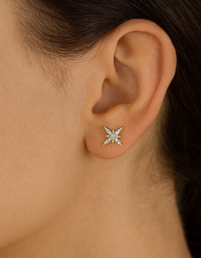 14K Gold Octagram Labret Stud with 9 Pave CZ – Internally Threaded Lip Piercing Jewelry