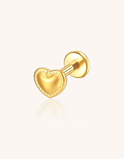 14K Gold Minimalist 3D Heart Ball Labret Stud – Internally Threaded Lip Piercing Jewelry