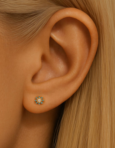 14K Gold Sunflower Labret Stud with Blue CZ – Internally Threaded Lip Piercing Jewelry