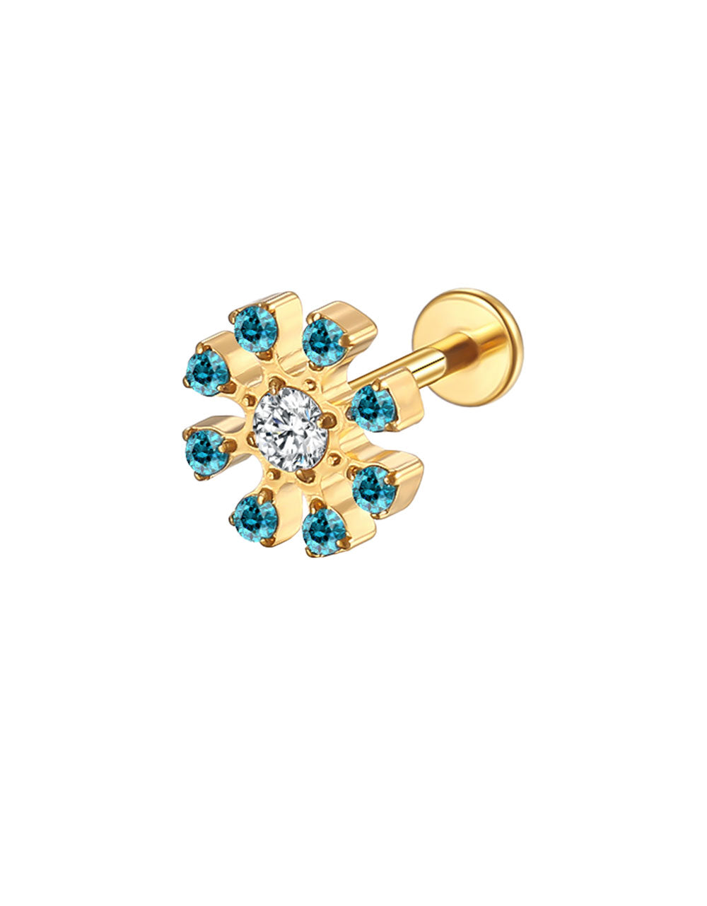14K Gold Sunflower Labret Stud with Blue CZ – Internally Threaded Lip Piercing Jewelry