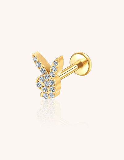 14K Gold Playboy Bunny Labret Stud with 15 Pave CZ – Internally Threaded Lip Piercing Jewelry