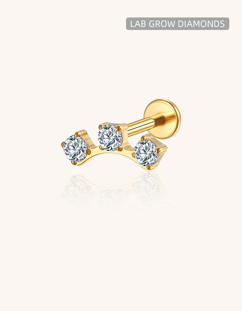 14K Gold Three Round CZ Labret Stud with Square Edge – Internally Threaded Lip Piercing Jewelry