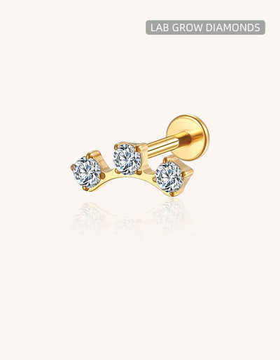 14K Gold Three Round CZ Labret Stud with Square Edge – Internally Threaded Lip Piercing Jewelry