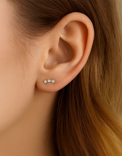14K Gold Three Round CZ Labret Stud with Square Edge – Internally Threaded Lip Piercing Jewelry