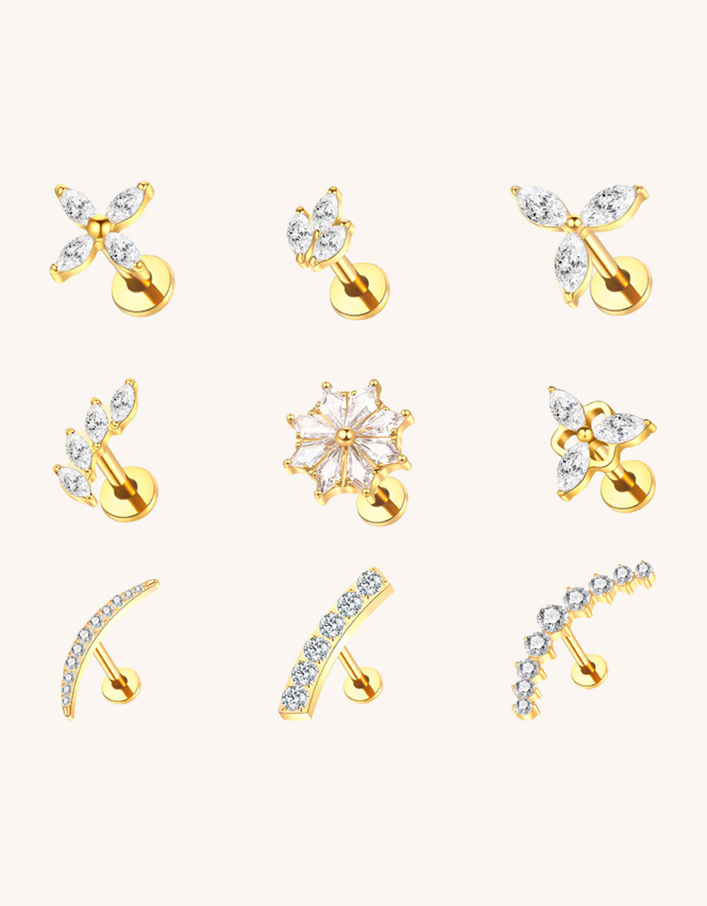 316L Stainless Steel Clover & Marquise Piercing – Multi-Color Lab Diamond for Ear, Nose & Lip