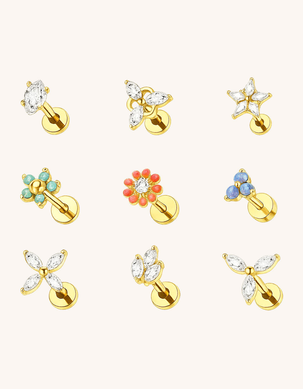 316L Stainless Steel Piercing Jewelry – Natural Diamond Flowers & Stars for Ear, Nose & Lip