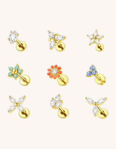 316L Stainless Steel Piercing Jewelry – Natural Diamond Flowers & Stars for Ear, Nose & Lip