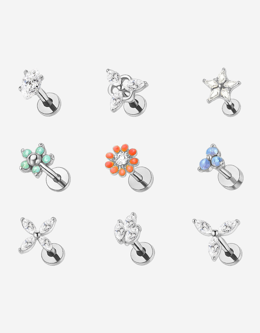 316L Stainless Steel Piercing Jewelry – Natural Diamond Flowers & Stars for Ear, Nose & Lip