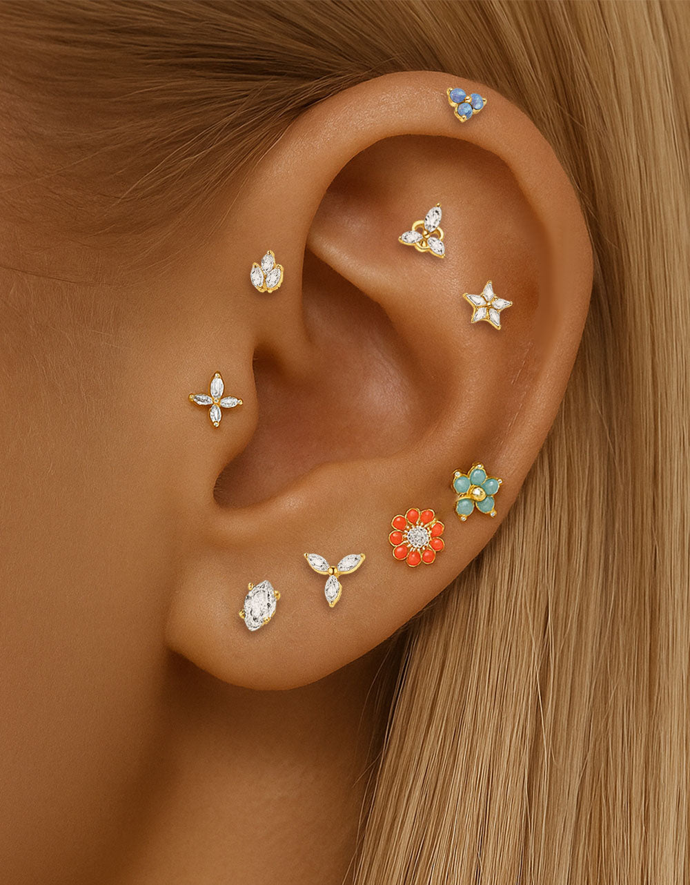 316L Stainless Steel Piercing Jewelry – Natural Diamond Flowers & Stars for Ear, Nose & Lip