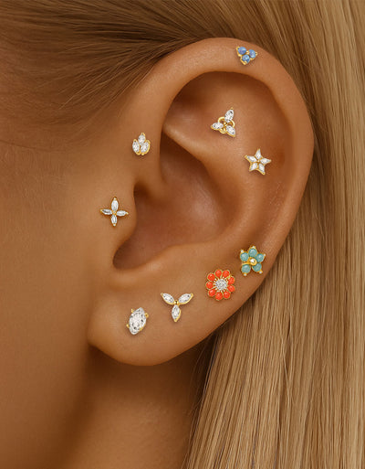 316L Stainless Steel Piercing Jewelry – Natural Diamond Flowers & Stars for Ear, Nose & Lip