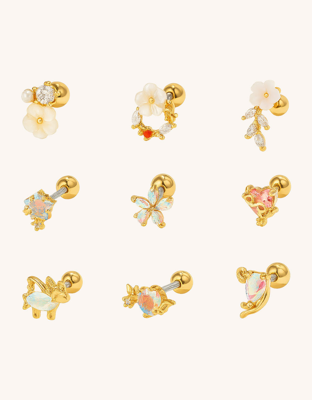 316L Stainless Steel Piercing Jewelry – Natural Gemstone Flower, Fish, Heart & Path Design