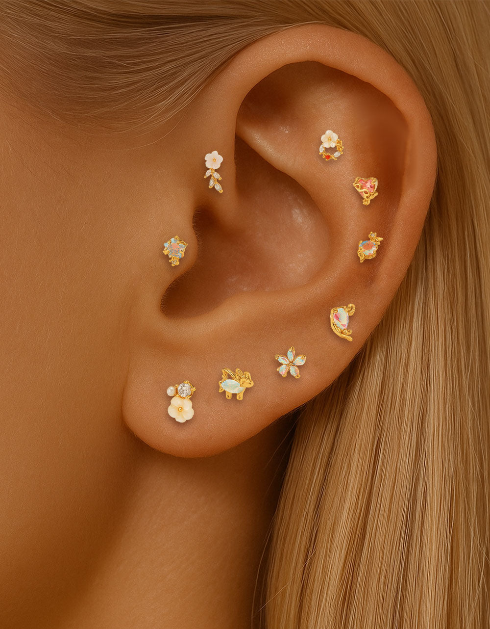 316L Stainless Steel Piercing Jewelry – Natural Gemstone Flower, Fish, Heart & Path Design