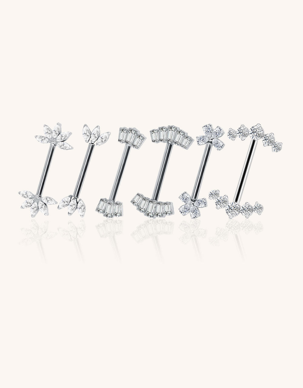 Modern Titanium Threadless Nipple Ring with 5 CNC-Set CZ