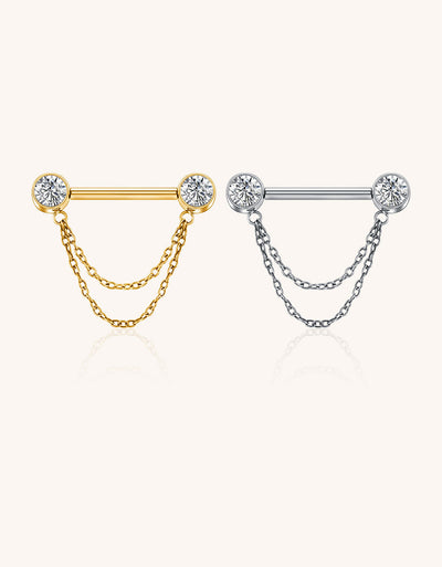 Double CZ End Nipple Stud with Chain – Stylish Body Piercing Jewelry