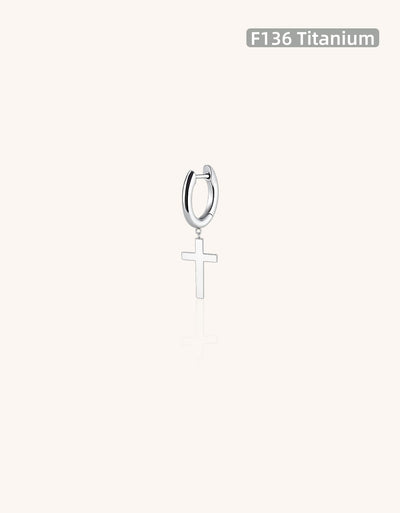 F136 Titanium D-Shaped Hoop with Cross Pendant–Hypoallergenic Earring