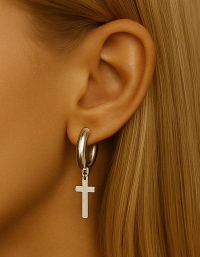 F136 Titanium D-Shaped Hoop with Cross Pendant–Hypoallergenic Earring