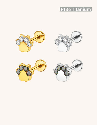 Four CZ Paw Print Lip Stud 16G Internally Threaded Cat Claw Labret Piercing