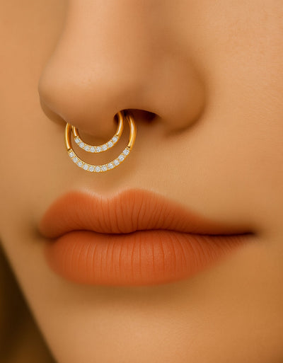 Titanium Double Layer Nose Ring – Half Hoop with CZ Stones