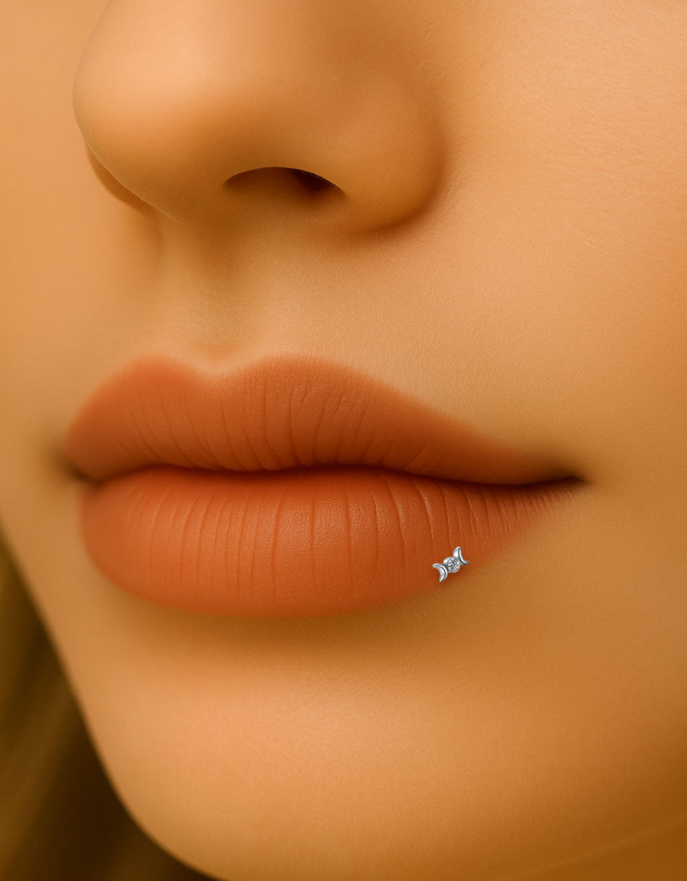 Double Crescent Moon CZ Lip Stud – 16G Internally Threaded Labret Piercing