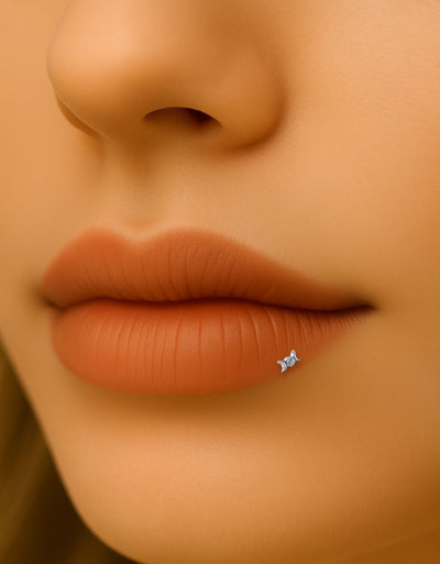 Double Crescent Moon CZ Lip Stud – 16G Internally Threaded Labret Piercing