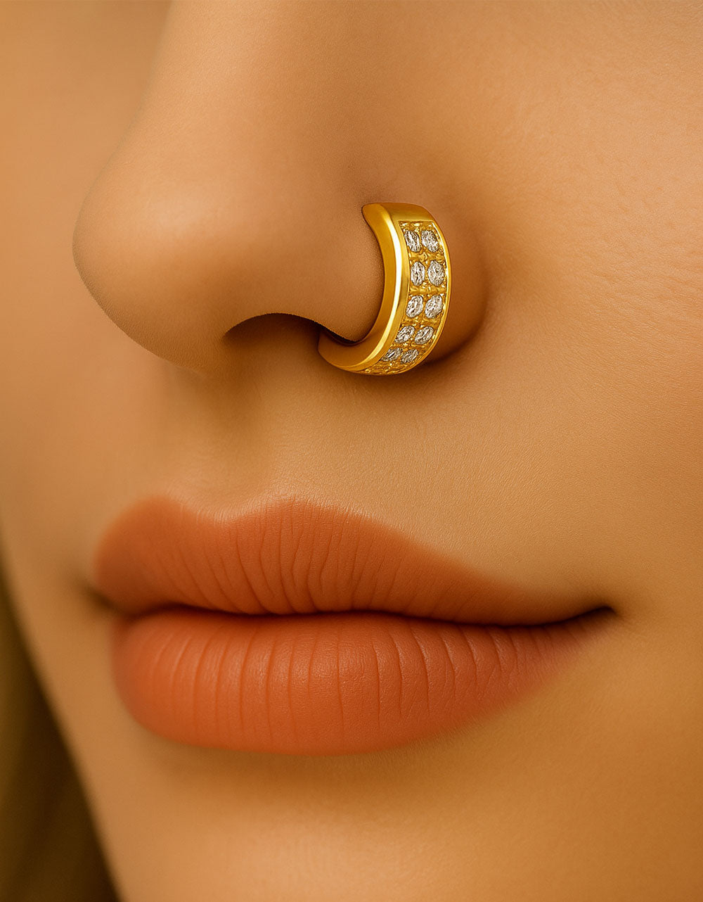Wide Double Row CZ Nose Ring Sparkling Hinged Hoop, 16G Septum or Nostril Piercing