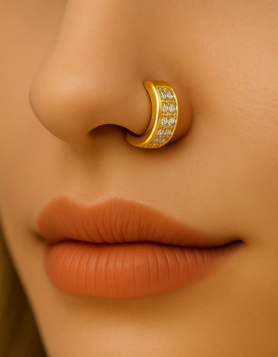 Wide Double Row CZ Nose Ring Sparkling Hinged Hoop, 16G Septum or Nostril Piercing