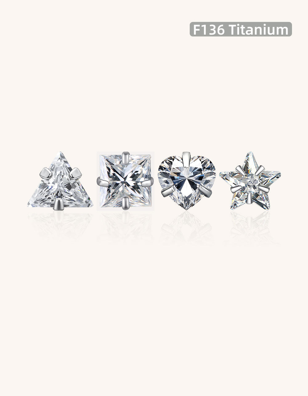 Titanium Labret Top with CZ – 3/4/5 Prong Set Square, Star, Heart, Triangle | 16G Internally Threaded or Push Pin Lip & Helix Piercing