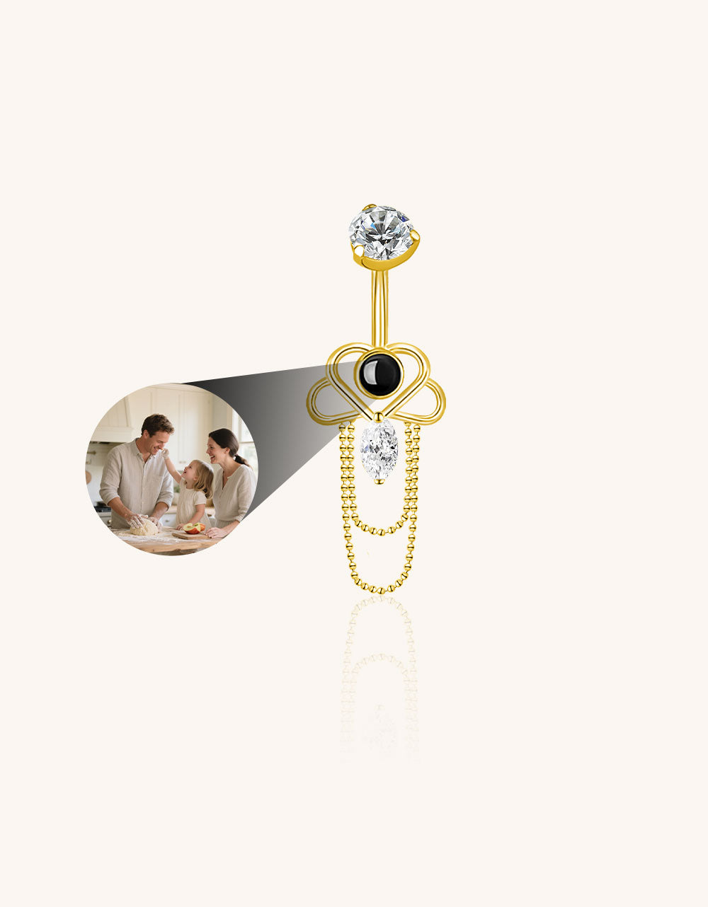 Heart Belly Button Ring with Chain Custom Photo Micro Projection Romantic Piercing Jewelry