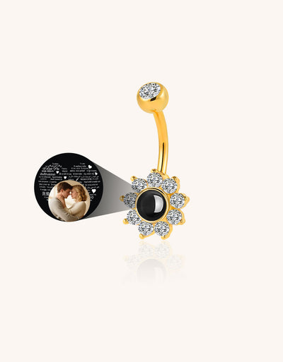 Flower Belly Button Ring with CZ Crystal Custom Photo Projection Personalized Memory Piercing Jewelry